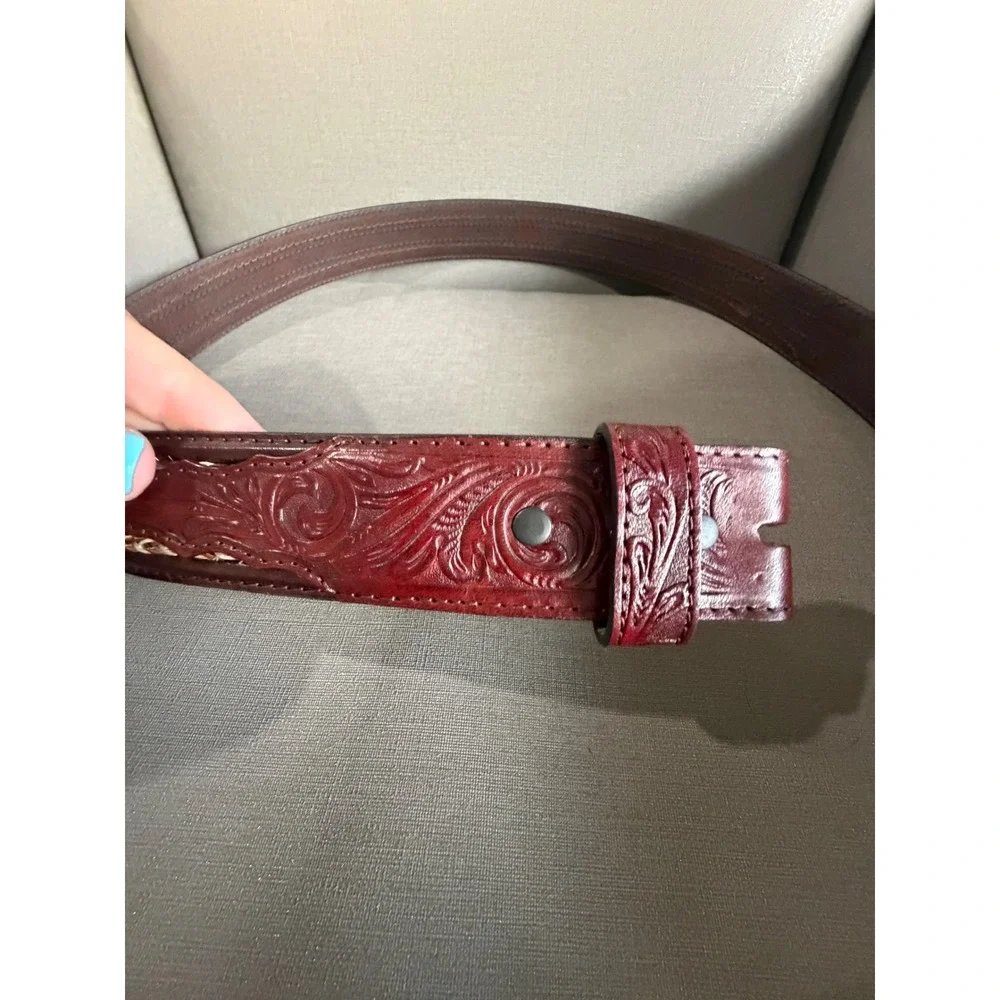 Justin‎ 36 Tooled Leather Western Belt Braided Rawhide Inlay No Buckle